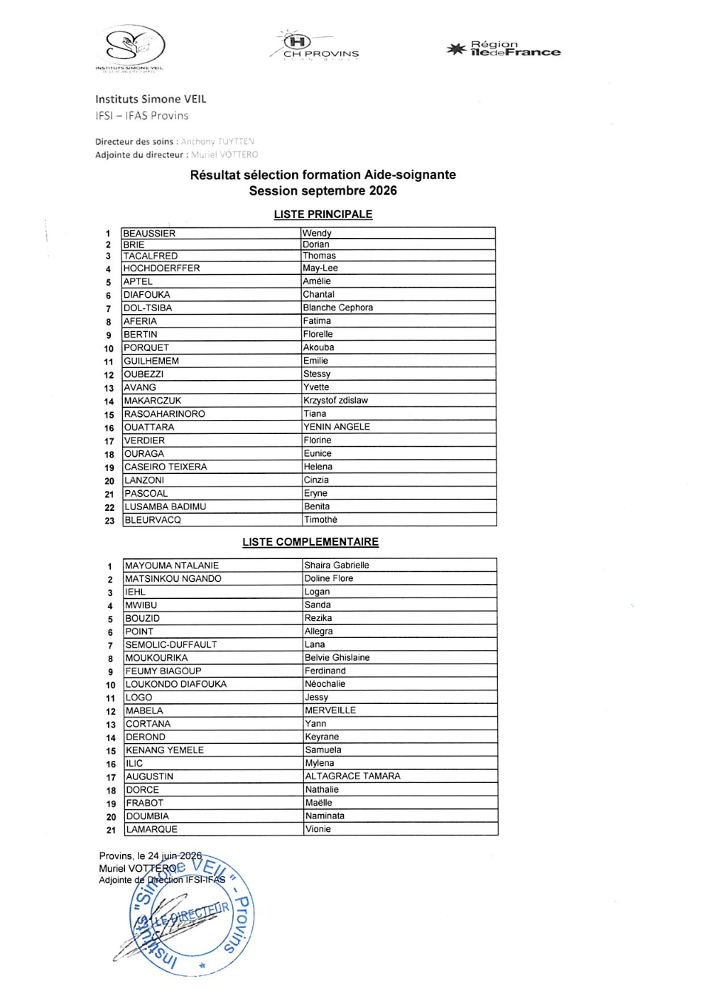 Résultat sélection formation AS - Septembre 2026